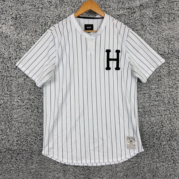 HUF Shirt Mens Large White Black Pinstripe Mesh Baseball Jersey Embroidered Logo - Picture 1 of 10